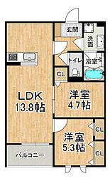 クレアトゥール 2階2LDKの間取り