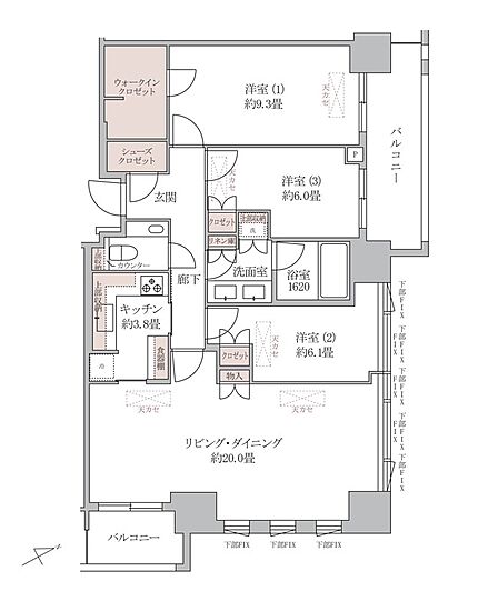101.03?の3LDK。全居室6畳以上。全居室天カセエアコン設置済み