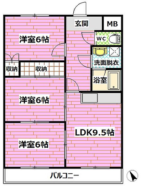 アゼリア祇園 ｜広島県広島市安佐南区山本2丁目(賃貸マンション3LDK・2階・65.55㎡)の写真 その2