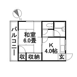 ハピネスタナカII 2階1Kの間取り