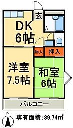 リヴィエール青井B棟 2DKの間取図画像