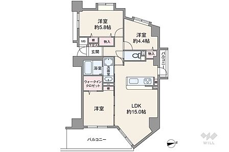 間取りは専有面積66.46平米の3LDK。LDK約15帖の縦長リビングのプラン。バルコニー面積は8.36平米です。