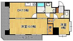 JR鹿児島本線 八幡駅 徒歩29分の賃貸マンション 5階2DKの間取り