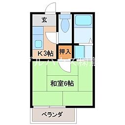 轟木ハイツC棟 2階1Kの間取り