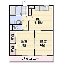 JR信越本線 長野駅 徒歩25分の賃貸マンション 3階2DKの間取り