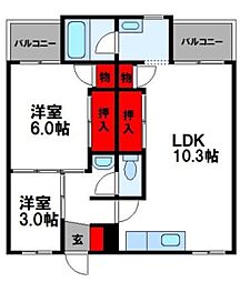 ビレッジハウス古賀4号棟 2LDKの間取図画像