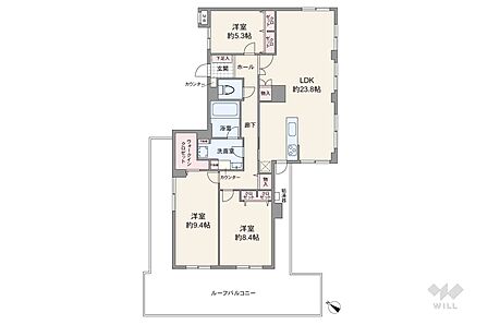 間取りは専有面積111.57平米の3LDK。ルーフバルコニー付き、LDK約23.8帖のプラン。バルコニー面積は48.04平米です。