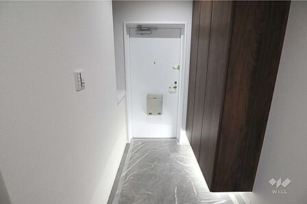 玄関です。シューズボックスがあり、すっきりとした印象。廊下との段差が小さく、移動がしやすいです。色見もスタイリッシュな玄関となっています。