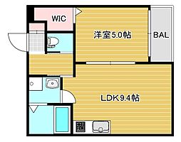 セレニティ法善寺 2階1LDKの間取り
