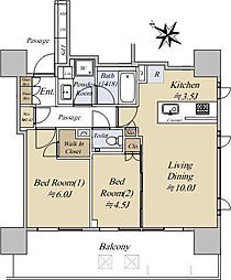 シティハウス目黒ザ・グランド 4階2LDKの間取り