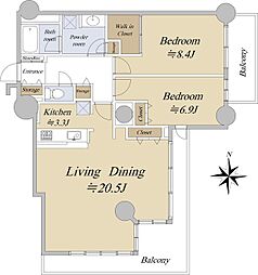 エルザタワー55 32階2LDKの間取り