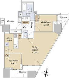 プラウドタワー東池袋ステーションアリーナ 22階2LDKの間取り