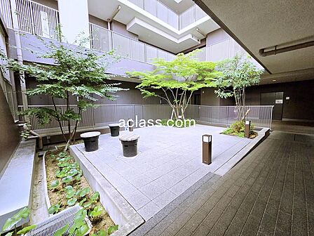 建物に囲まれていながらも空が見え、自然光や心地よい風が通り抜ける中庭です。
