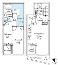 JR山手線 恵比寿駅 徒歩12分の賃貸マンション 1階2LDKの間取り