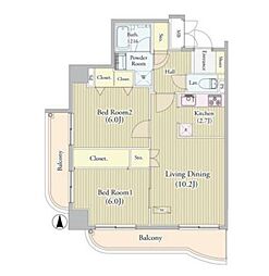 東京メトロ東西線 高田馬場駅 徒歩4分の賃貸マンション 9階2LDKの間取り