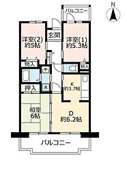 UR都市機構シャレール東豊中2号棟 2LDKの間取図画像