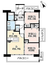 UR都市機構アルビス緑丘109号棟 3DKの間取図画像