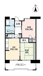 UR都市機構アルビス旭ケ丘6-2号棟 2DKの間取図画像
