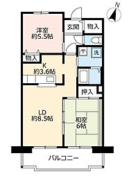 UR都市機構シャレール東豊中15号棟 2LDKの間取図画像