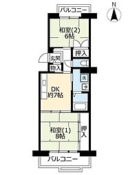 UR都市機構リビエール関目4号棟 2DKの間取図画像