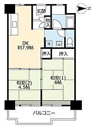 UR都市機構南港わかぎの団地41棟 2DKの間取図画像