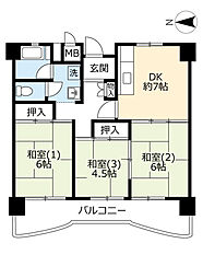 UR都市機構南港しらなみ団地32号棟 3DKの間取図画像