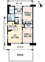 UR都市機構サンヴァリエ春日丘5号棟 2LDKの間取図画像