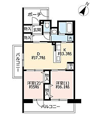アミティひらかた宮之阪 2DKの間取図画像