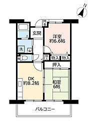 UR都市機構香里ケ丘けやき東街13号棟 2DKの間取図画像