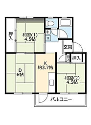 UR金剛 4階2DKの間取り