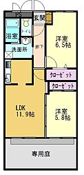 グリーンコート加古川2番館 2LDKの間取図画像