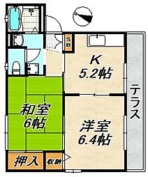 フレグランス谷御所B棟 2Kの間取図画像