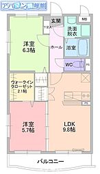 サニーサイドアップ弐番館 2LDKの間取図画像