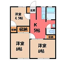 JR東北本線 雀宮駅 徒歩15分の賃貸アパート 1階3Kの間取り