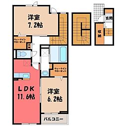 JR東北本線 雀宮駅 徒歩23分の賃貸アパート 3階2LDKの間取り