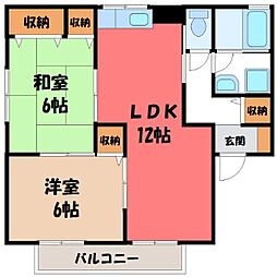 JR東北本線 宇都宮駅 バス17分 こえご下車 3.2kmの賃貸アパート 2階2LDKの間取り