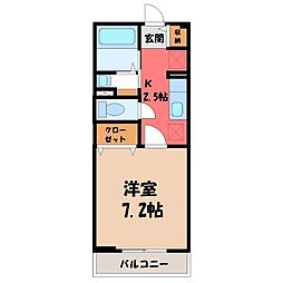 JR東北本線 雀宮駅 徒歩7分の賃貸アパート 2階1Kの間取り