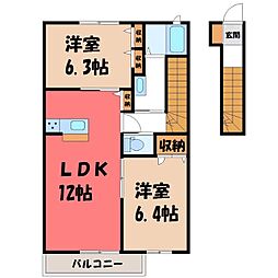 JR東北本線 宇都宮駅 バス11分 競輪場前下車 徒歩4分の賃貸アパート 2階2LDKの間取り