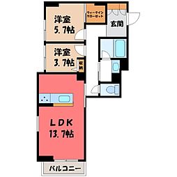 JR東北本線 自治医大駅 徒歩11分の賃貸マンション 1階2LDKの間取り