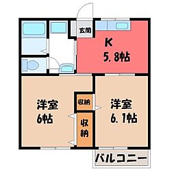JR東北本線 雀宮駅 バス17分 みどり野町中下車 徒歩10分の賃貸アパート 1階2Kの間取り