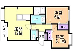 クリスタルリバー五番館 2LDKの間取図画像