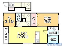 エスカレント広川 2階1SLDKの間取り