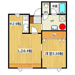 北進町進和ハイツ8 2階1LDKの間取り