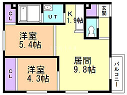 プリエ北33条 2LDKの間取図画像
