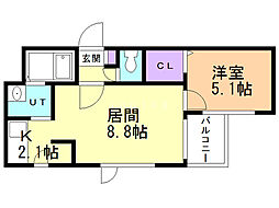 ヘリテージ北42 1LDKの間取図画像