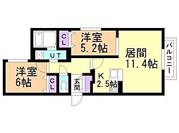 JR函館本線 白石駅 徒歩17分の賃貸マンション 3階2LDKの間取り