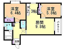 アヴェニール北郷 2LDKの間取図画像