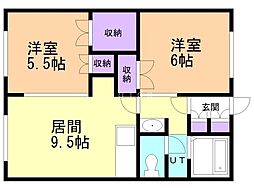 札幌市営東豊線 豊平公園駅 徒歩8分の賃貸マンション 2階2LDKの間取り