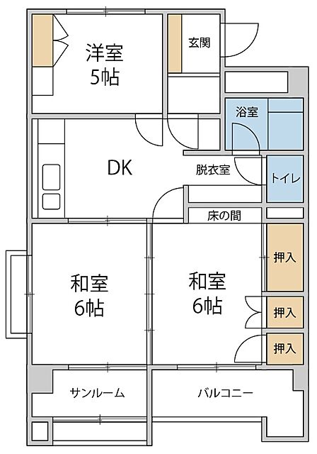 和室と洋室を備えた3DK。便利なサンルーム付きで日当たりの良い設計です。