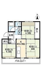 UR落合 5階3Kの間取り